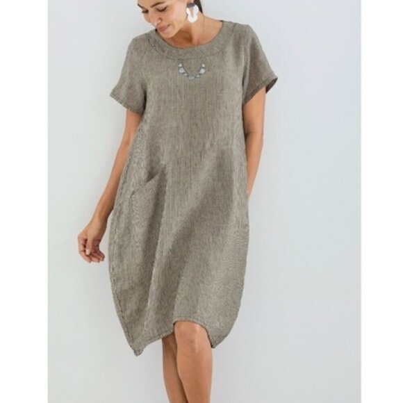 Lisa Bayne Women's Size S Black Stripe Woven Linen Shift Dress Lagenlook Artisan - Picture 3 of 12